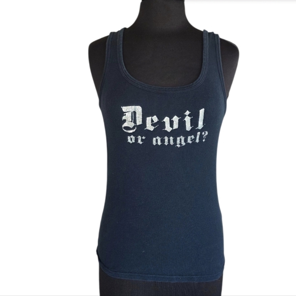 Vintage Y2K McBling L Black Tank Top Devil Or Angel? Ribbed Faded Vintage Baddie